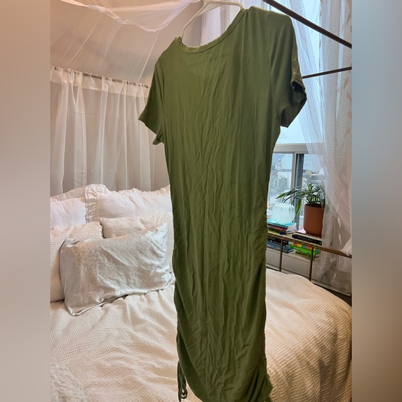 Green T-shirt dress with ruching and ties on sides - Picture 3 of 3